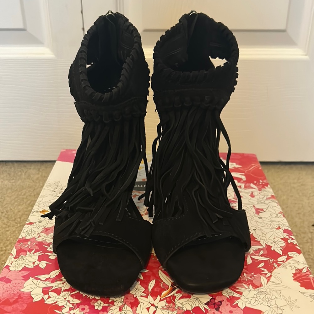Chinese Laundry black suede fringe heels